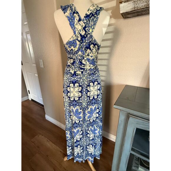 Vanessa Virginia Floral V-Neck Sleeveless Tie Waist Maxi Dress Blue White Small - Picture 10 of 16